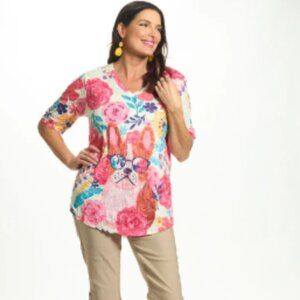 Shana Top Women's XL Multi Color French Bulldog floral Crinkle Burnout Tee